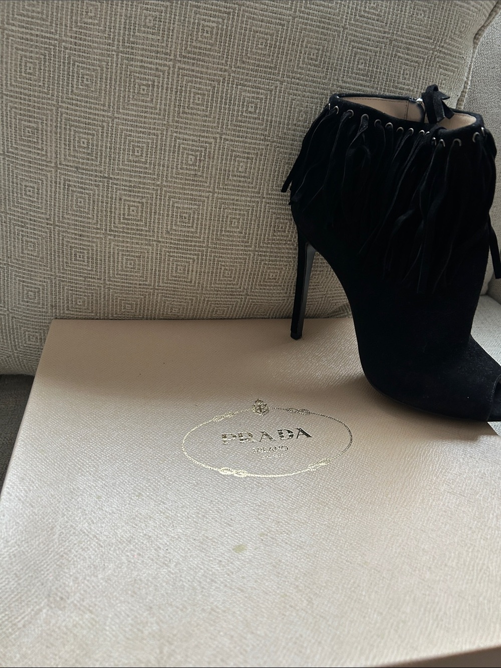 Prada Black Suede Fringe Stiletto Ankle Booties